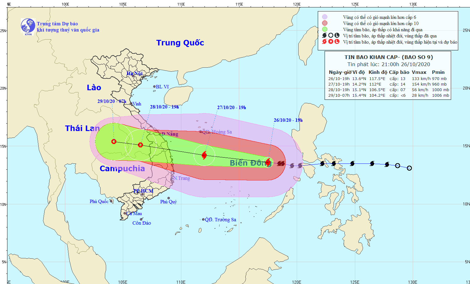 Vị trí bão Molave lúc 19 giờ tối 26.10. Ảnh: nchmf.gov.vn