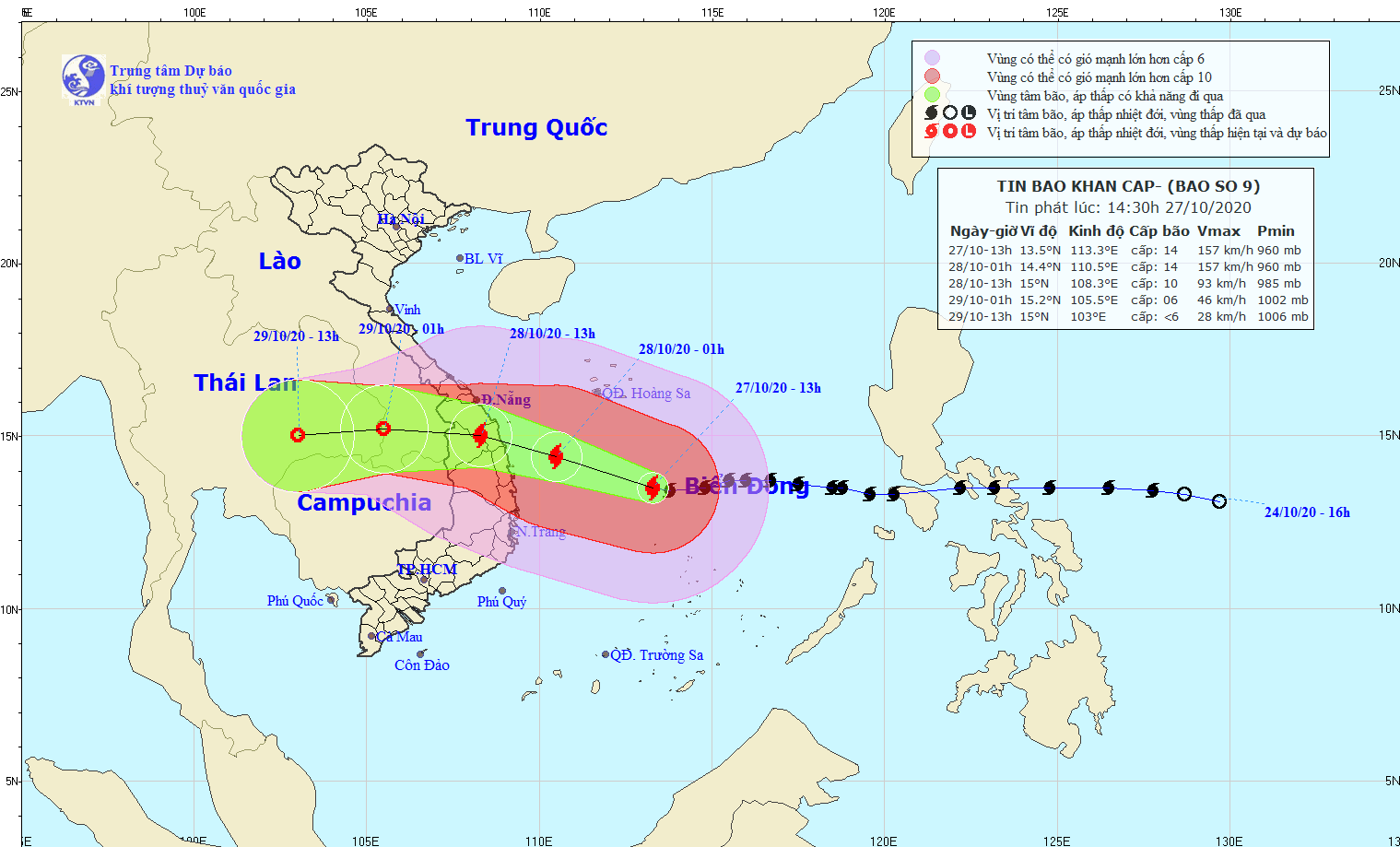 Vị trí bão số 9 lúc 13 giờ chiều nay 27.10. Ảnh: www.nchmf.gov.vn