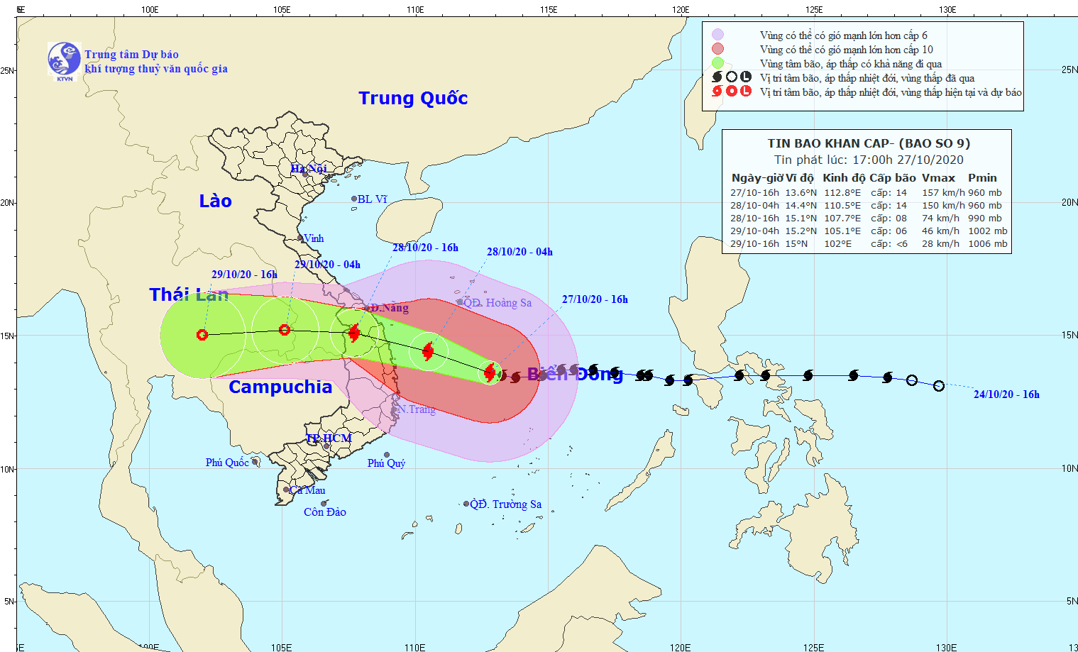 Vị trí bão số 9 lúc 16 giờ chiều nay 27.10. Ảnh: nchmf.gov.vn