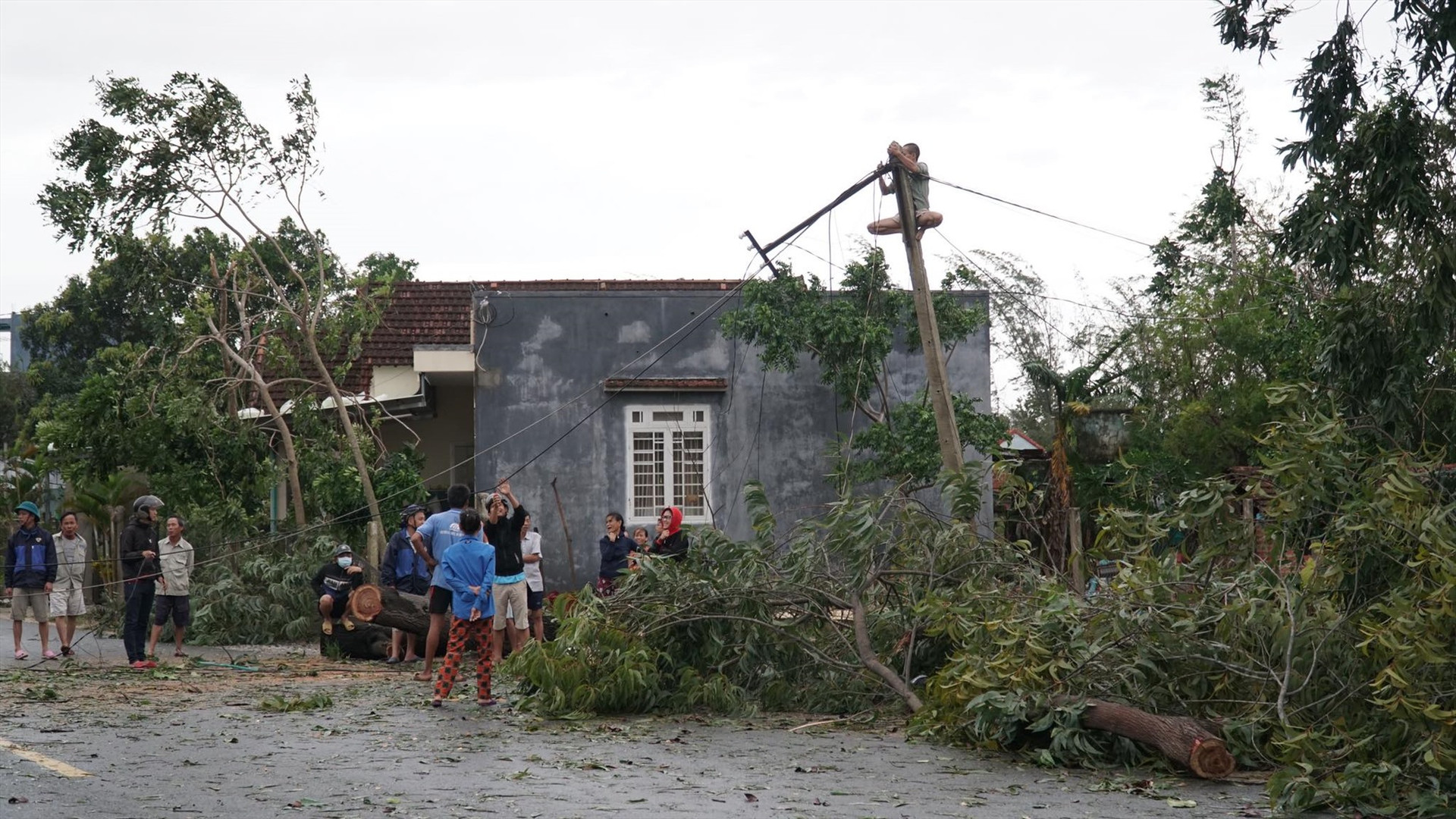 Người dân xã Bình Dương khắc phục hậu quả bão số 9. Ảnh: T.B