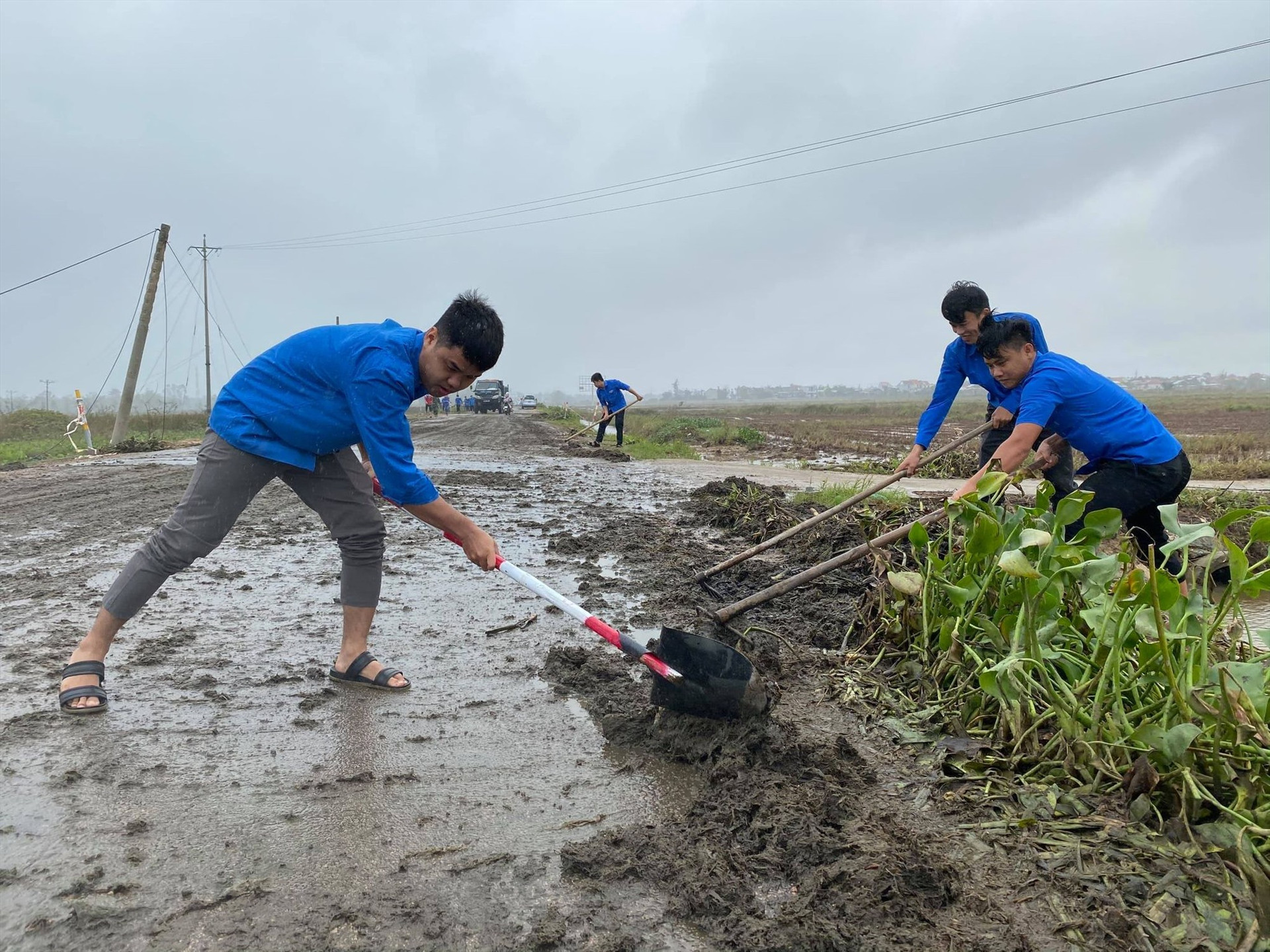 Thanh niên Điện Bàn dọn vệ sinh trên tuyến ĐT608 sau bão số 9