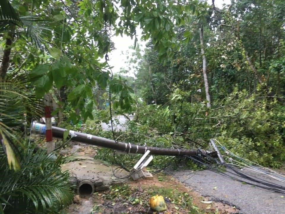Trụ điện ở Tiên Phước bị ngã đổ do bão số 9. Ảnh Trà My