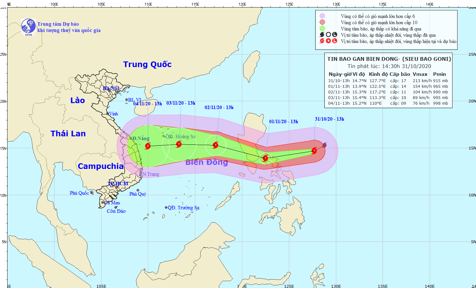 Vị trí và hướng đi của siêu bão Goni lúc 13 giờ chiều nay 31.10. Ảnh: nchmf.gov.vn