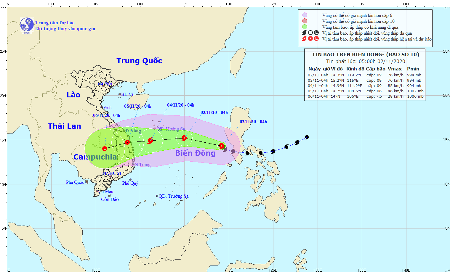 Vị trí bão số 10 lúc 4 giờ sáng nay 2.11. Ảnh: Đài KTTV Quảng Nam