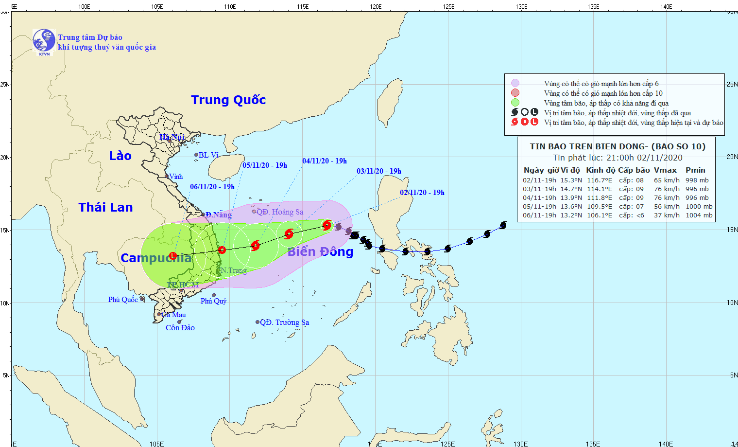 Vị trí bão số 10 lúc 19 giờ tối nay 2.11. Ảnh: nchmf.gov.vn