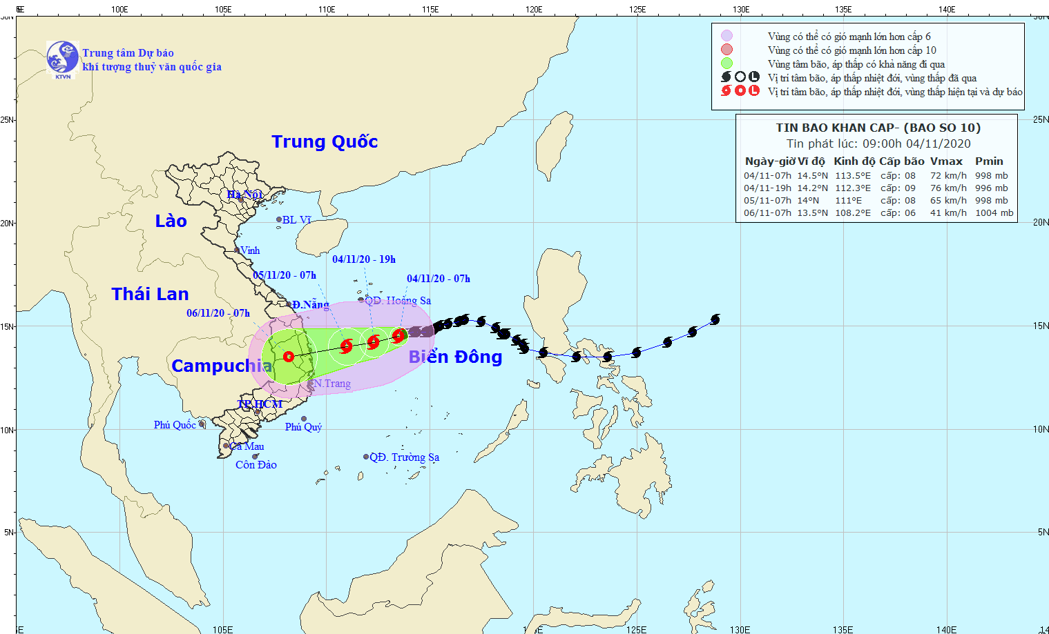 Vị trí bão số 10 lúc 7 giờ sáng nay 4.11. Ảnh: nchmf.gov.vn