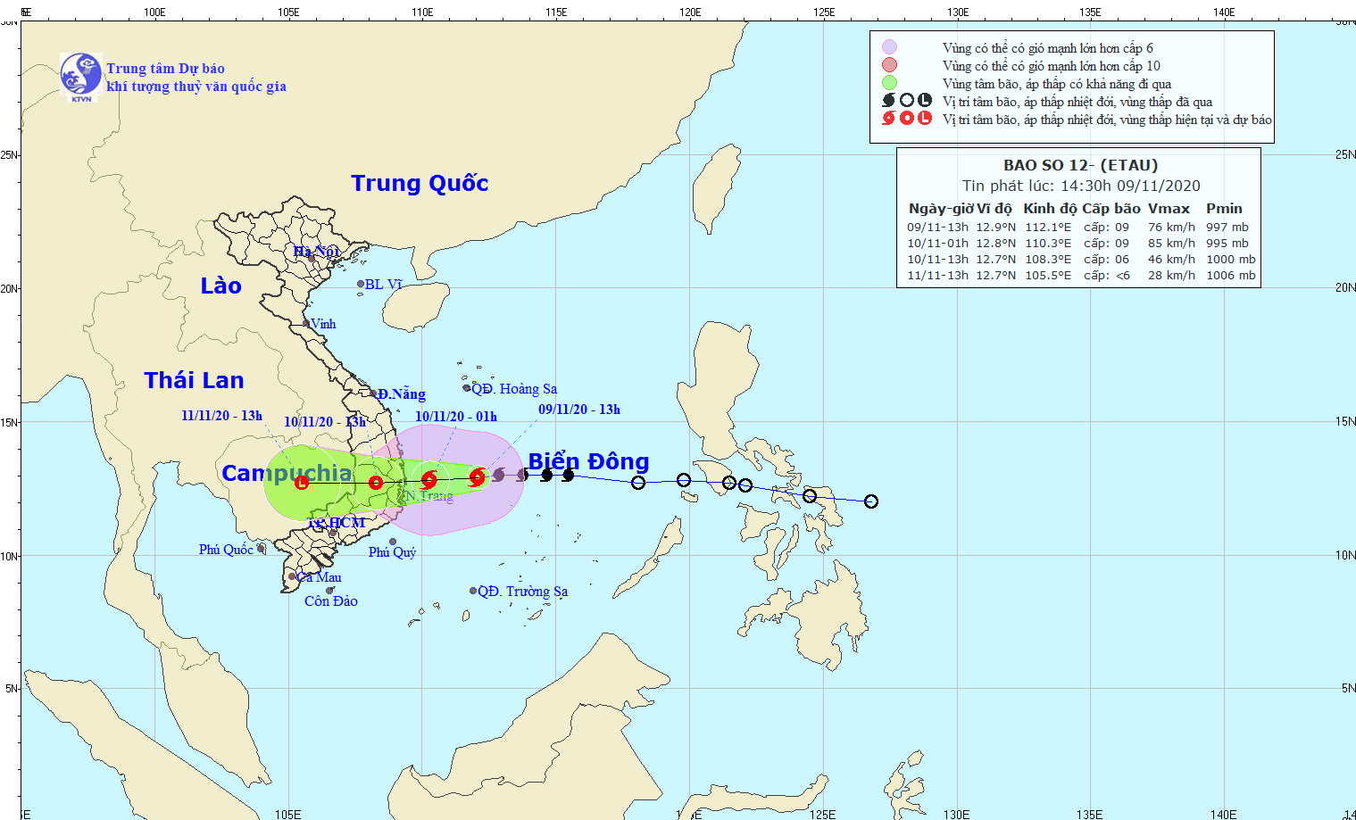 Vị trí bão số 12 lúc 13 giờ chiều nay 9.11. Ảnh: nchmf.gov.vn