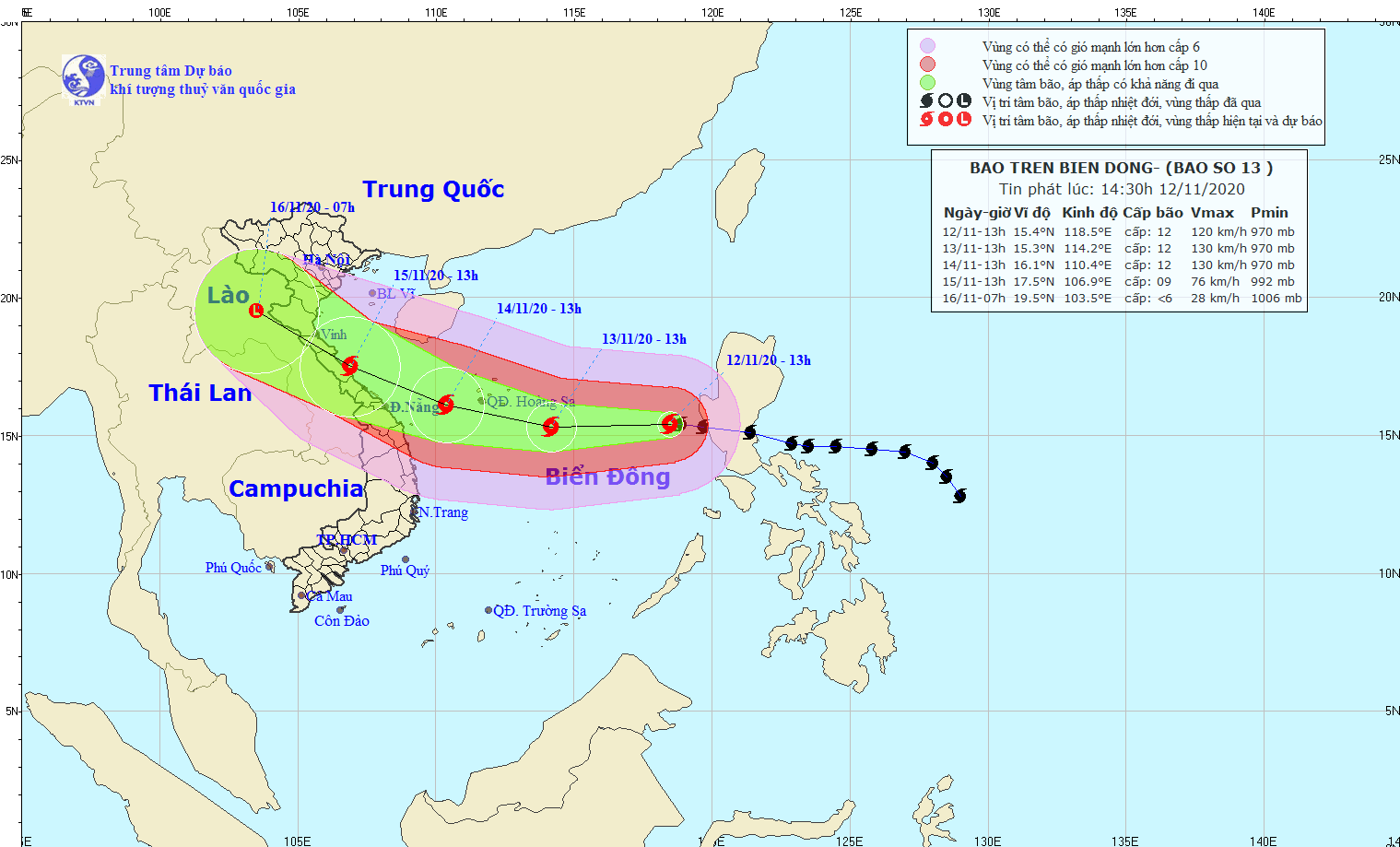 Vị trí bão Vamco lúc 13 giờ chiều nay 12.11. Ảnh: nchmf.gov.vn