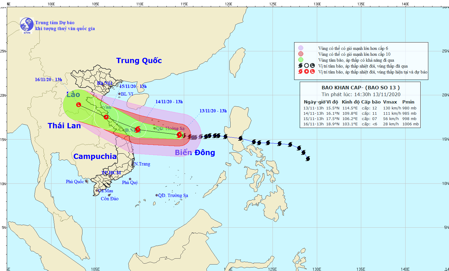 Vị trí bão số 13 lúc 13 giờ chiều nay 13.11. Ảnh: nchmf.gov.vn
