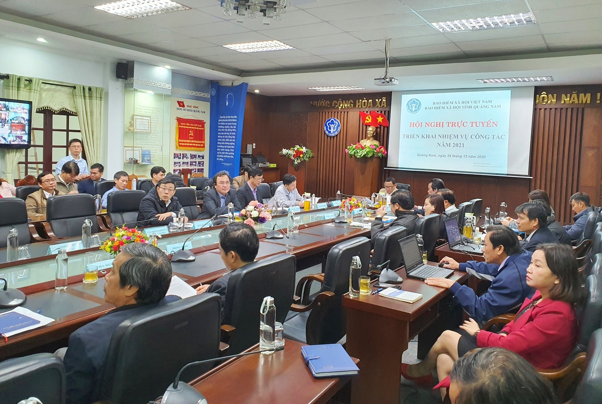 Điểm cầu Quảng Nam tại hội nghị trực tuyến triển khai nhiệm vụ ngành BHXH toàn quốc sáng nay.