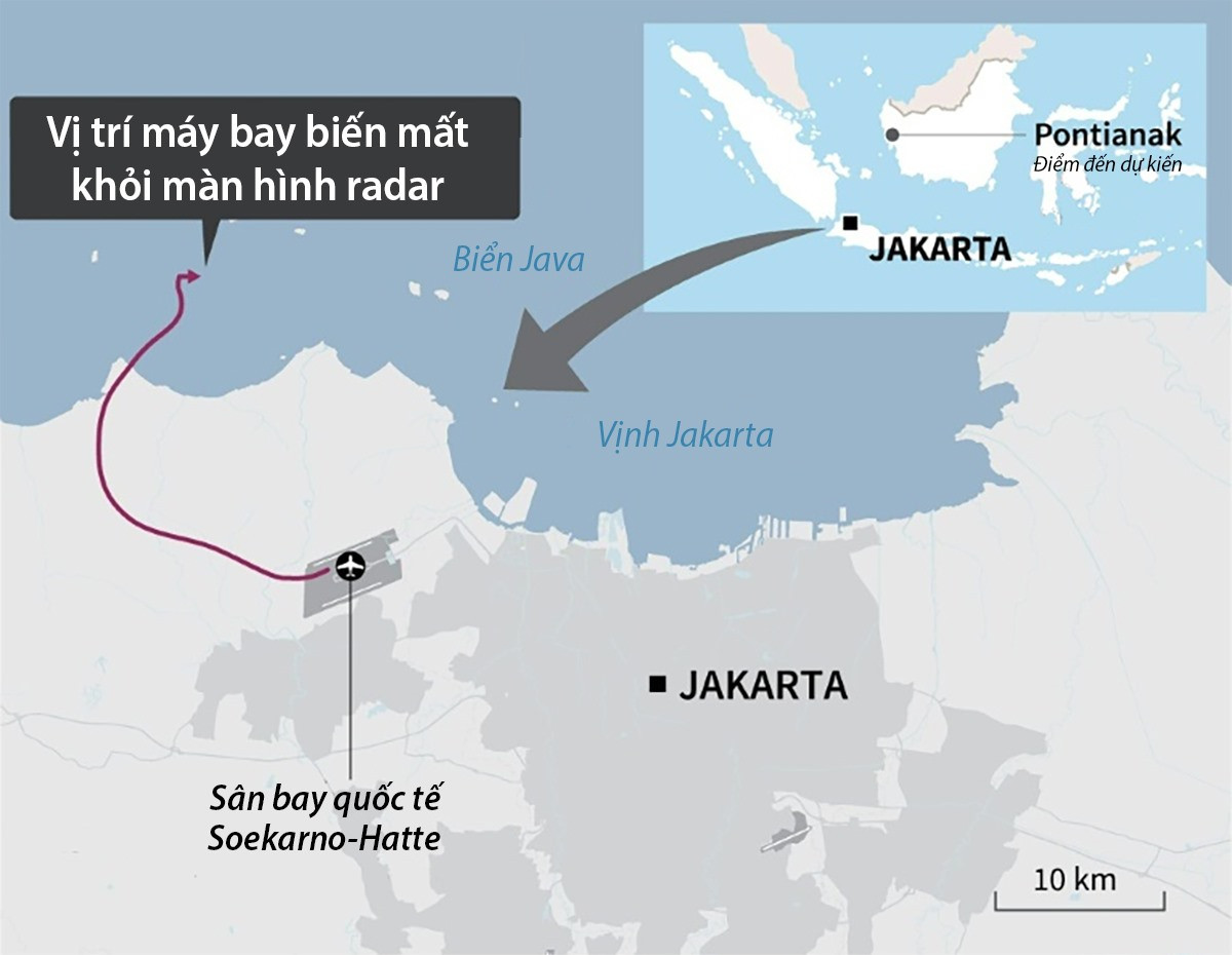 Đường bay và vị trí chiếc Boeing 737-500 của hãng Sriwijaya Air biến mất khỏi radar hôm 9.1. Đồ họa: AFP.