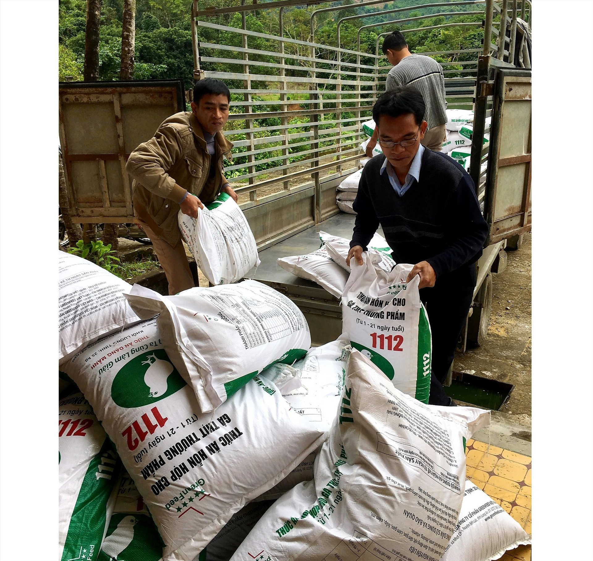 Huyện Nam Giang tiếp nhận nguồn thức ăn hỗn hợp do tỉnh hỗ trợ. Ảnh: CNTY