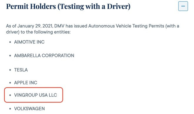 Vingroup USA LLC nằm trong danh sách được cấp chứng chỉ thử nghiệm xe tự lái vào ngày 29/1. Ảnh chụp màn hình.