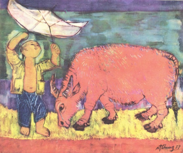 Chăn trâu. (Tranh sơn dầu của Nguyễn Tiến Chung)  
