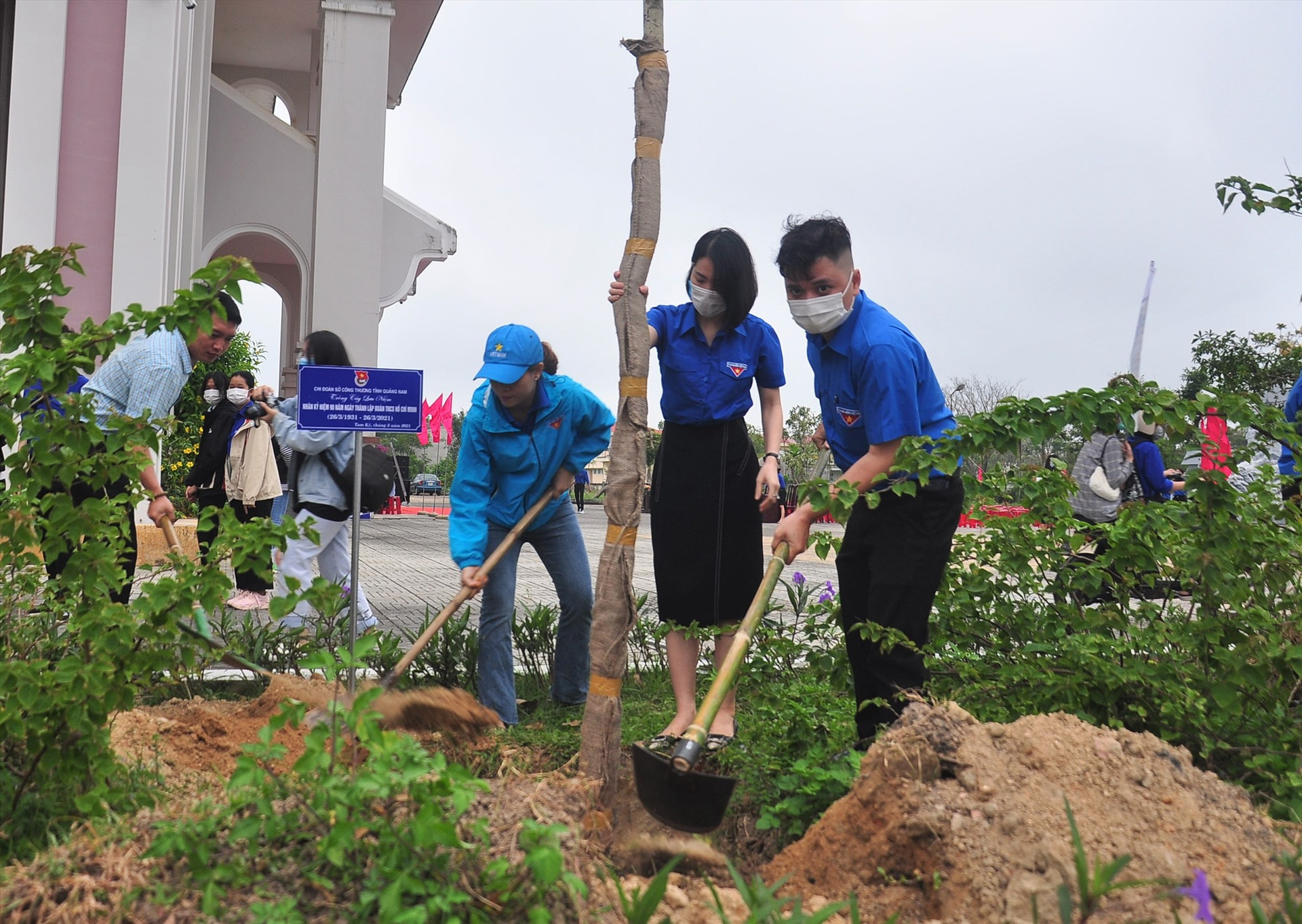 Các cơ sở đoàn trực thuộc Đoàn Khối các cơ quan tỉnh triển khai trồng cây xanh tại khuôn viên Bảo tàng Quảng Nam. Ảnh: VINH ANH