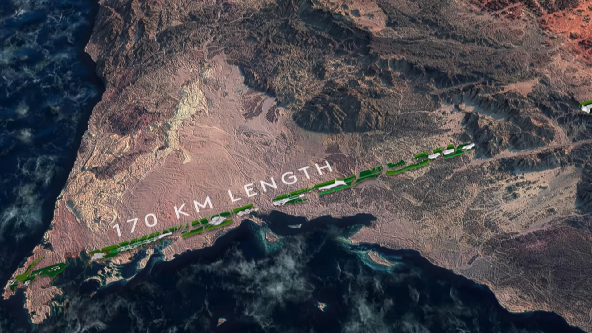 Với chiều dài 170km, The Line sẽ không có ô tô và các tuyến xe đường dài. Ảnh: dezeen.com
