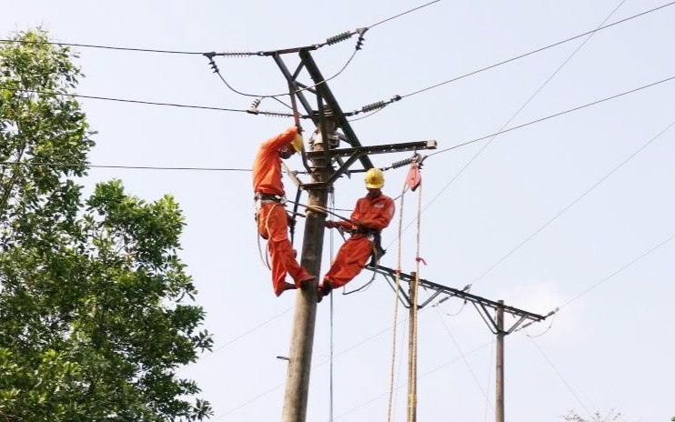 Công nhân Điện lực Hiệp Đức kiểm tra, khắc phục đường dây lưới điện có nguy cơ gặp sự cố trước mùa nắng nóng. Ảnh: Đ.N