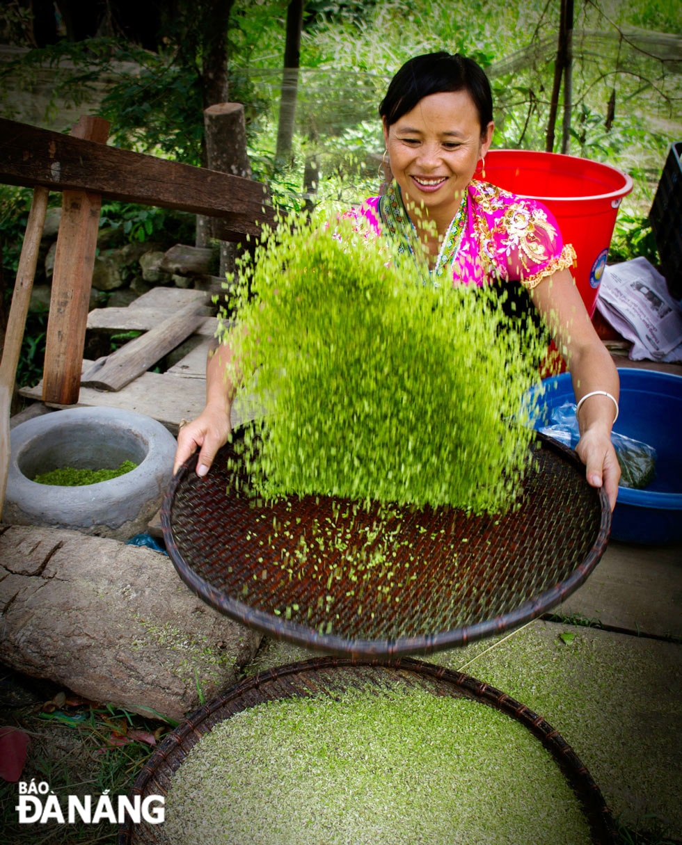 Sảy hết vỏ trấu nếp còn lại màu xanh cốm.