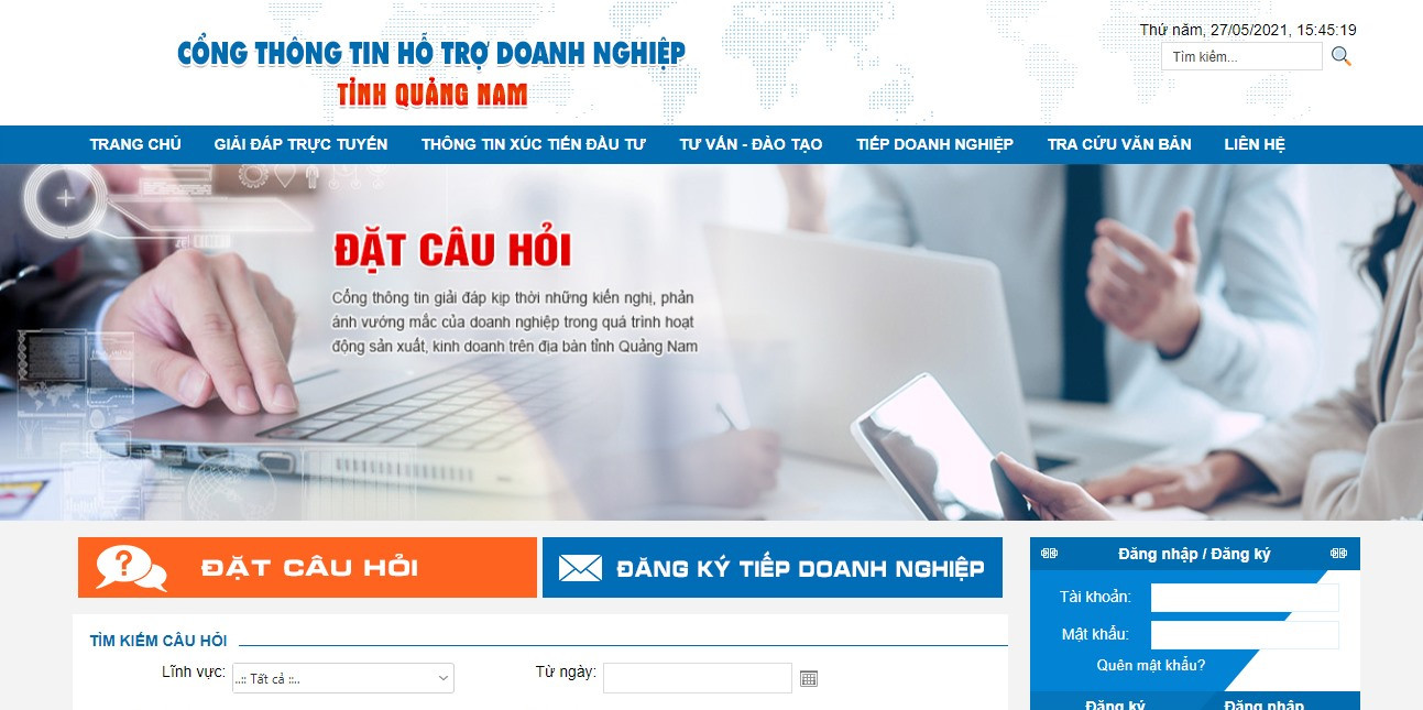 Giao diện Cổng thông tin hỗ trợ doanh nghiệp Quảng Nam. Ảnh: M.H