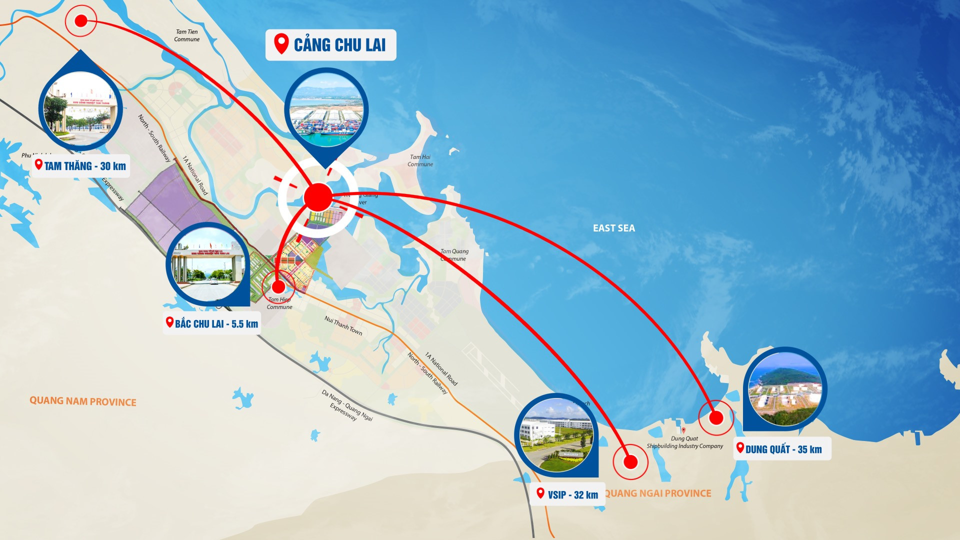 Cảng Chu Lai có vị trí địa lý thuận lợi, kết nối với các khu vực công nghiệp và các vùng, miền.