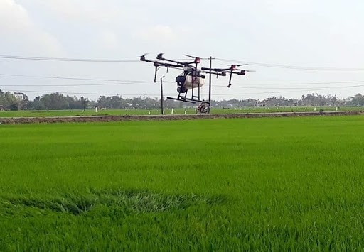 A pesticide praying drone on the fields in Tam Xuan 2