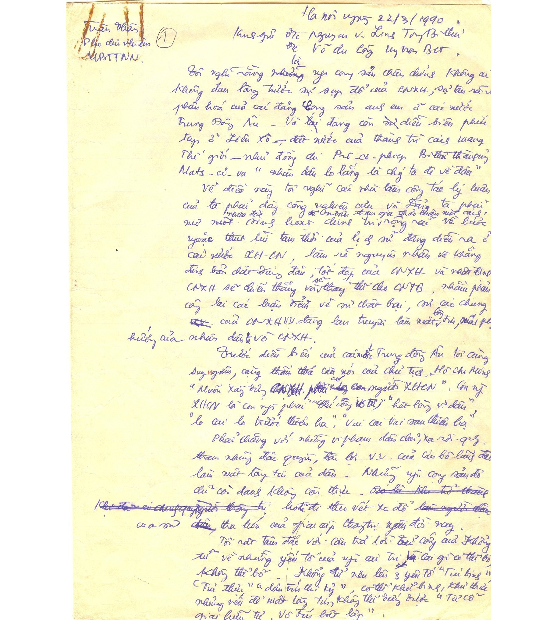 Bút tích lá thư đồng chí Trần Thận gửi đồng chí Nguyễn Văn Linh - Tổng Bí thư và đồng chí Võ Chí Công - Chủ tịch Hội đồng Nhà nước ngày 22-3-1990.