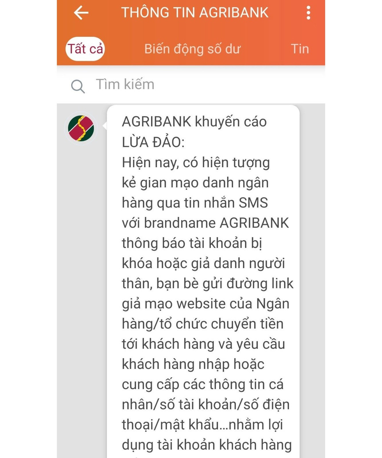 Agribank nhắn tin khuyến cáo lừa đảo đến điện thoại khách hàng. Ảnh chụp màn hình.
