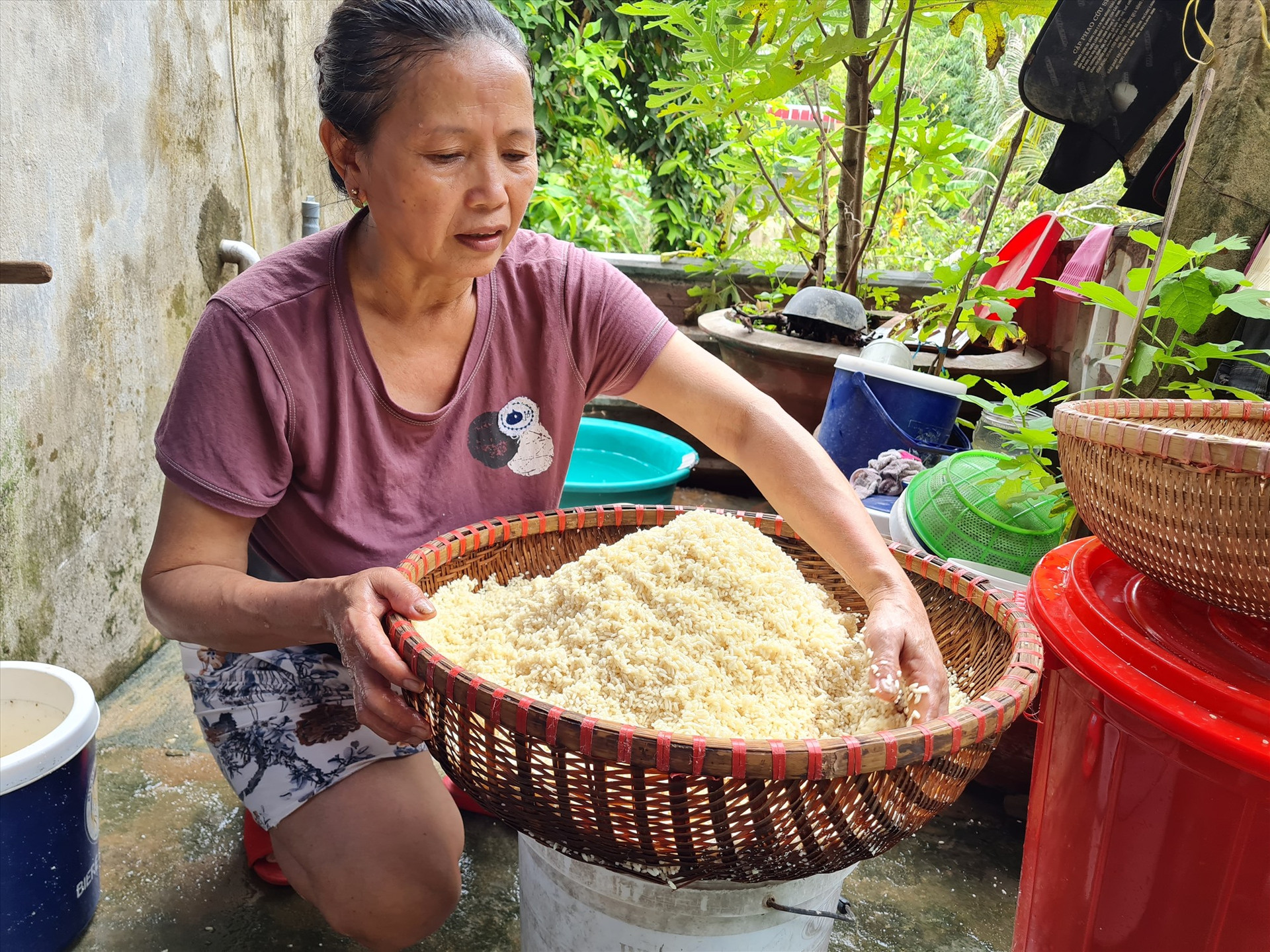 Để tạo nên hương vị đậm đà, gạo nếp được ngâm 12 tiếng đồng hồ trong nước tro mè trước khi gói bánh. Ảnh: TRIÊU NHAN