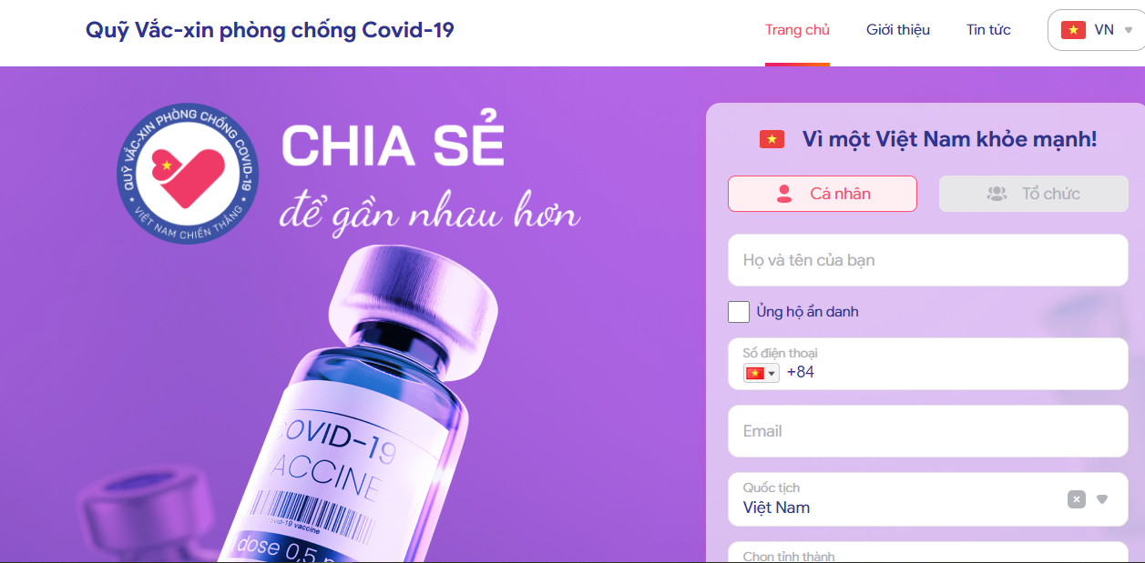 Giao diện website Quỹ vắc xin phòng Covid-19 (www.quyvacxincovid19.gov.vn).