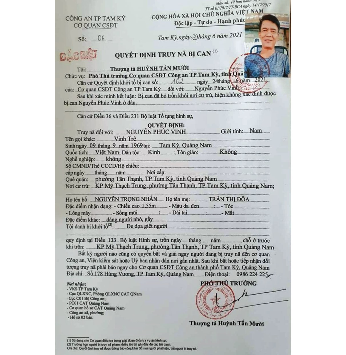 Cơ quan Cảnh sát điều tra Công an TP.Tam Kỳ ra quyết định truy nã đối tượng Nguyễn Phúc Vinh. Ảnh: CATK