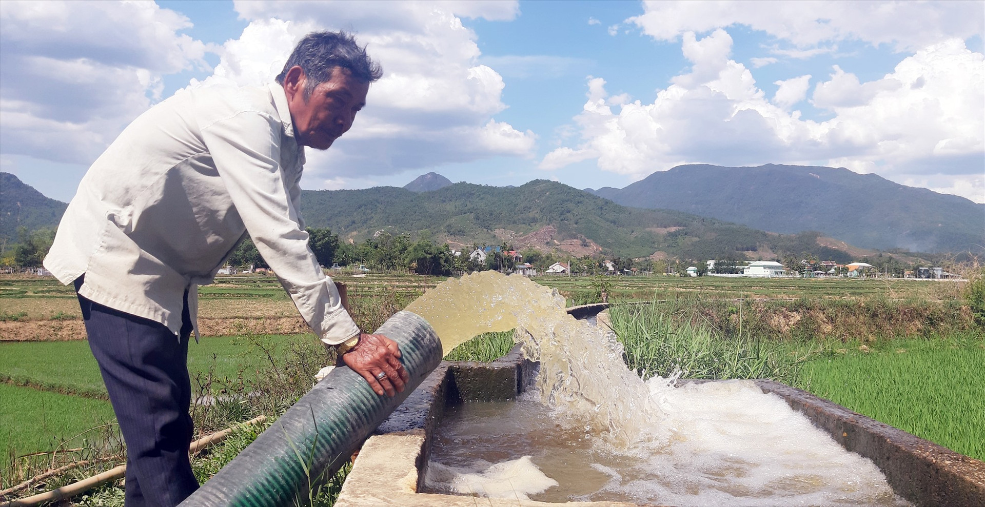Ngành nông nghiệp và chính quyền các địa phương của huyện Nông Sơn khẩn trương lắp đặt những trạm bơm dã chiến để tận dụng mọi nguồn nước ngọt “giải cứu” lúa. Ảnh: S.A