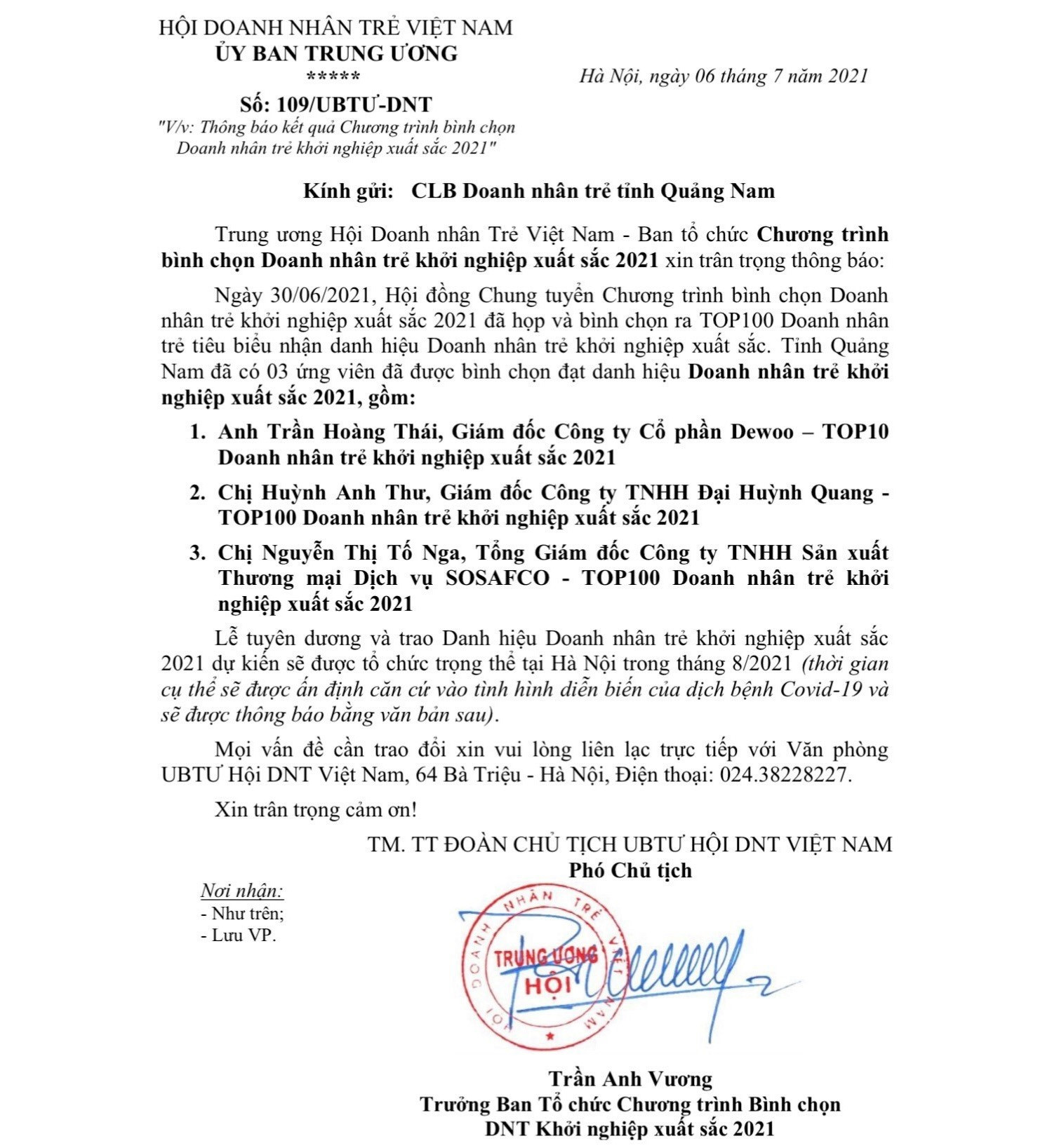 Văn bản thông báo của Trung ương Hội Doanh nhân Trẻ Việt Nam gửi Câu lạc bộ Doanh nhân trẻ Quảng Nam. Ảnh: V.A