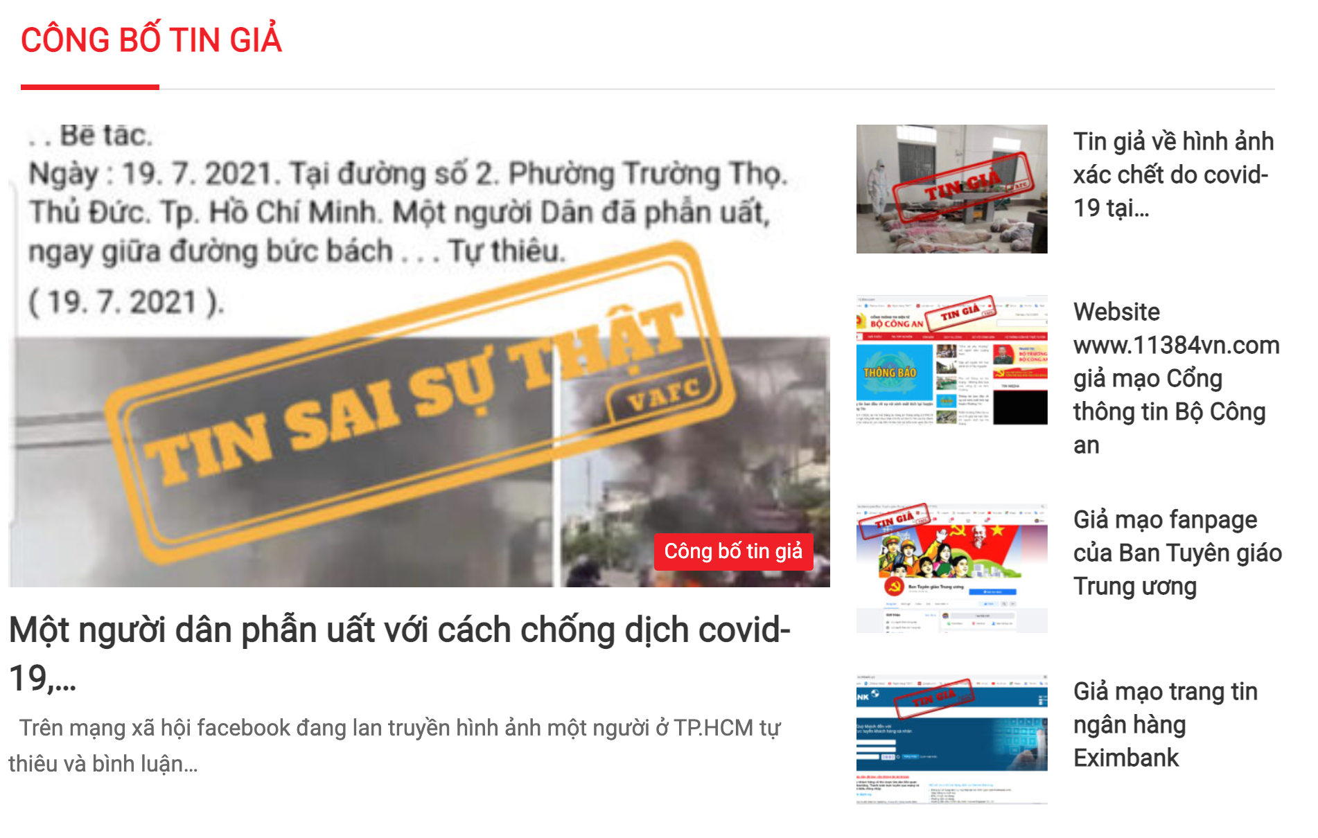 Nhiều tin giả đã được Bộ TT&TT cảnh báo trên website tingia.gov.vn. Ảnh: chụp màn hình website