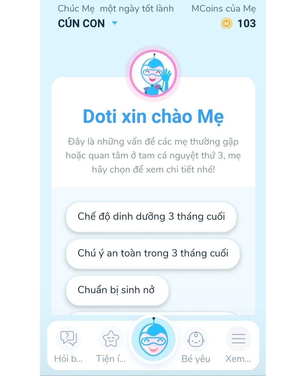 Trợ lý thông minh Doti tư vấn cho phụ nữ mang thai qua app Momby. Ảnh chụp màn hình.