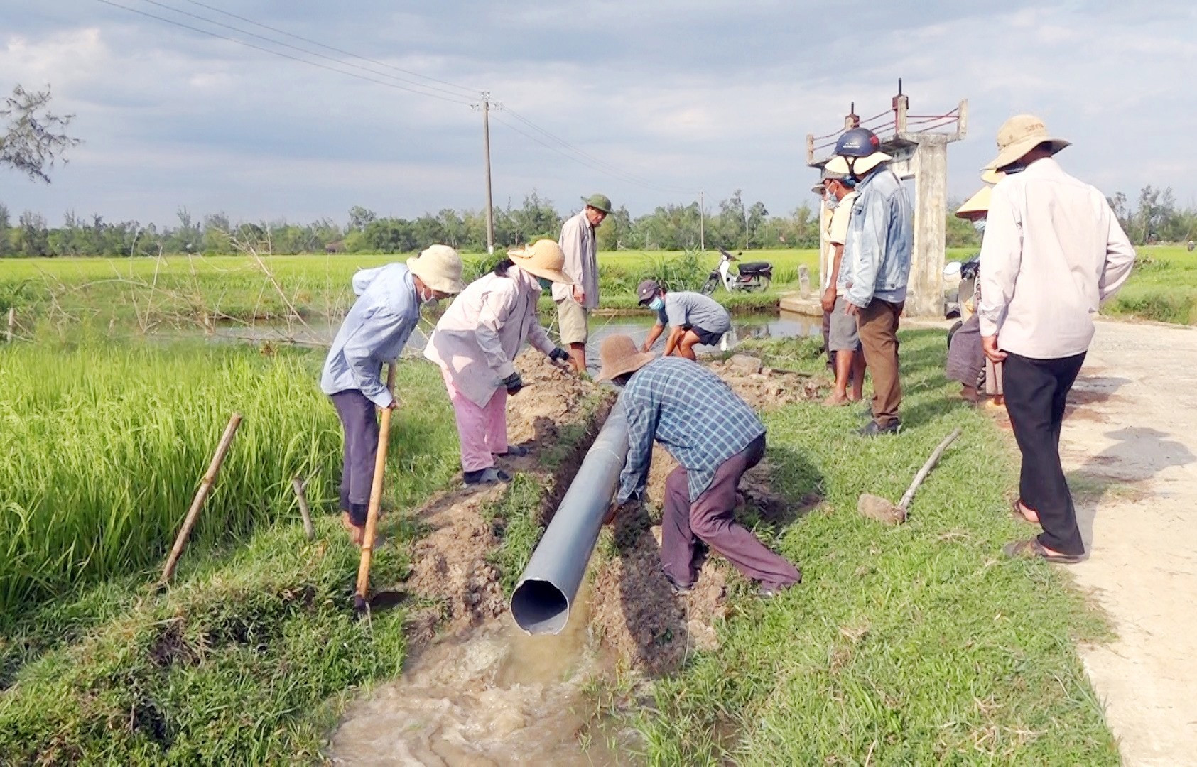 Lắp đặt ống nhựa tại đập Suối Mới dẫn nước về chống hạn cho gần 10 lúa ở tổ 19, thôn Phước Cẩm. Ảnh: M.T