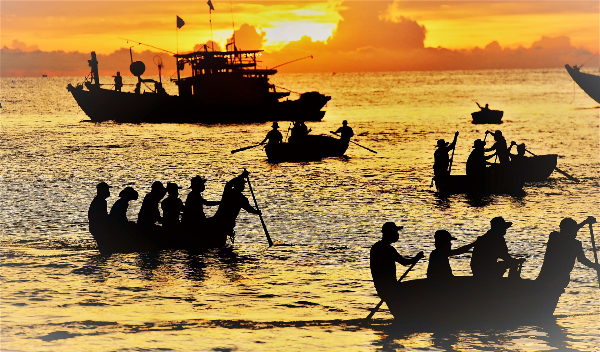 Ngư dân ở miền quê biển Tam Tiến sử dụng thuyền thúng để làm phương tiện vận chuyển các thùng cá vào bờ.