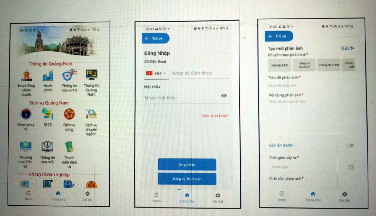 Các thao tác trên ứng dụng Smart Quảng Nam để tiến hành gửi phản ánh kiến nghị. Ảnh: CTV