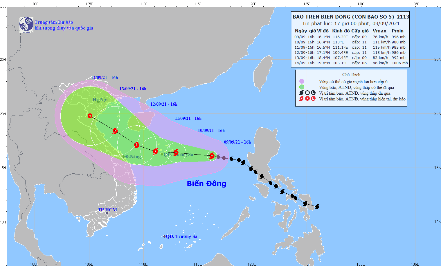 Hướng di chuyển của bão số 5. Ảnh: nchmf.gov.vn