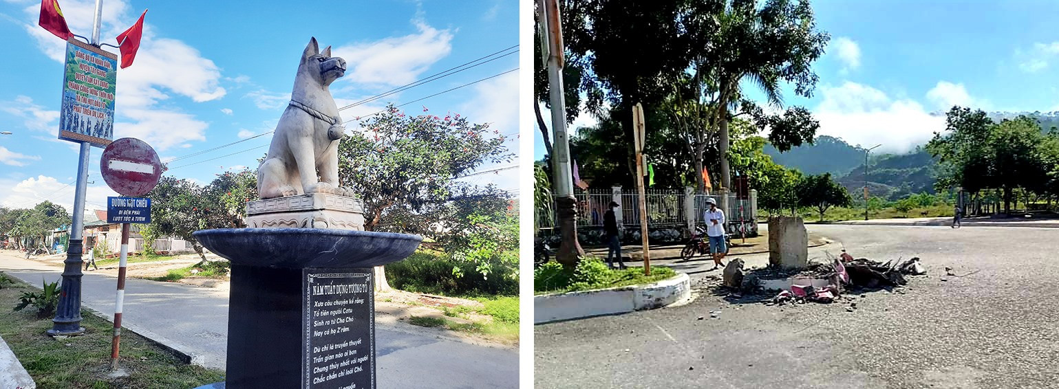 Một tượng chó đặt tại tuyến đường trung tâm của huyện Tây Giang và khu vực một tượng vừa được dỡ bở. Ảnh: ALĂNG NGƯỚC