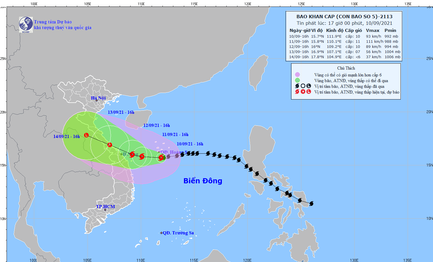 Hướng di chuyển của bão số 5 lúc 16 giờ ngày 10.9. Ảnh: kttv.gov.vn