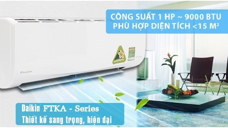 Điều hòa Daikin 9000 1 chiều Inverter FTKA phù hợp với không gian dưới 15m2.