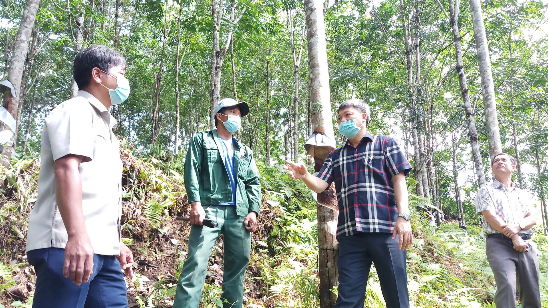 Phó Chủ tịch UBND tỉnh Hồ Quang Bửu chia sẻ với người trồng cáo su tại xã Chà Vàl (Nam Giang). Ảnh: A.N