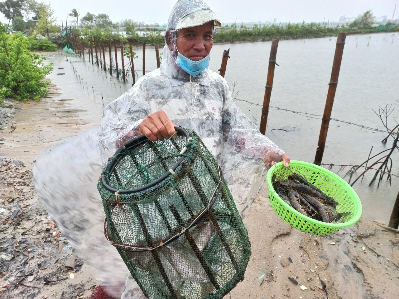 Ông Trần Hạ với các loại thủy sản nuôi vừa thu hoạch. Ảnh: NGUYỄN QUANG