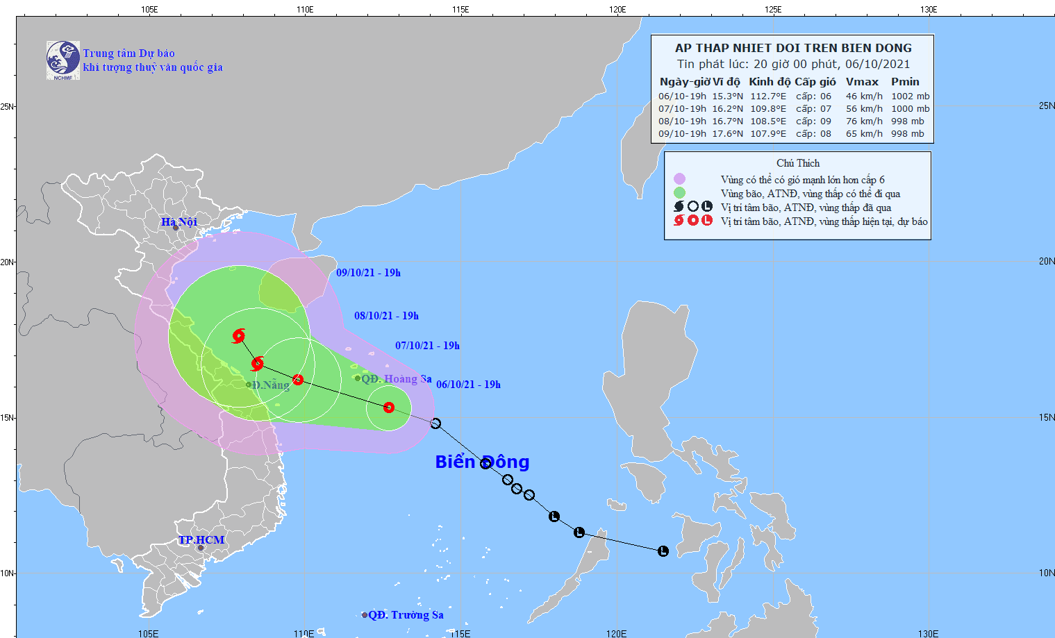 Vị trí áp thấp nhiệt đới lúc 19 giờ ngày 6.10.