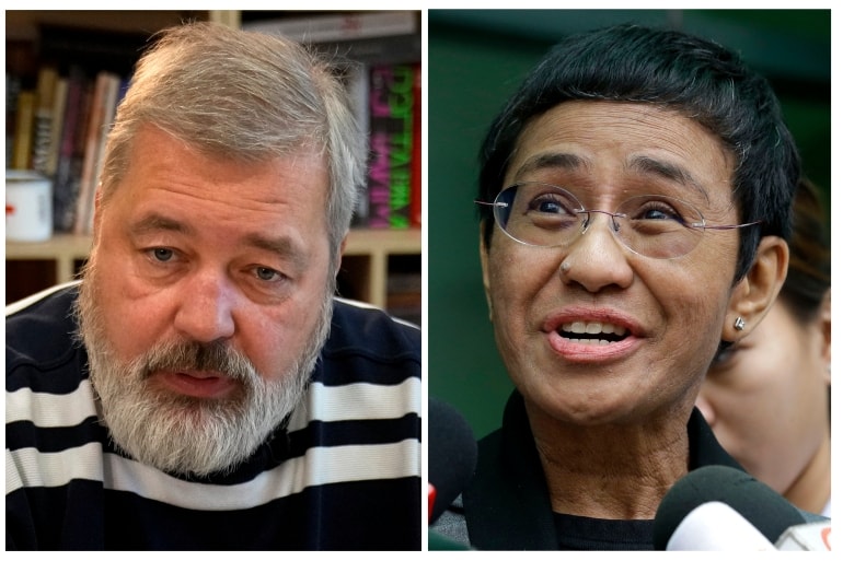 Nhà báo Dmitry Muratov (trái) và Maria Ressa Ảnh: AP