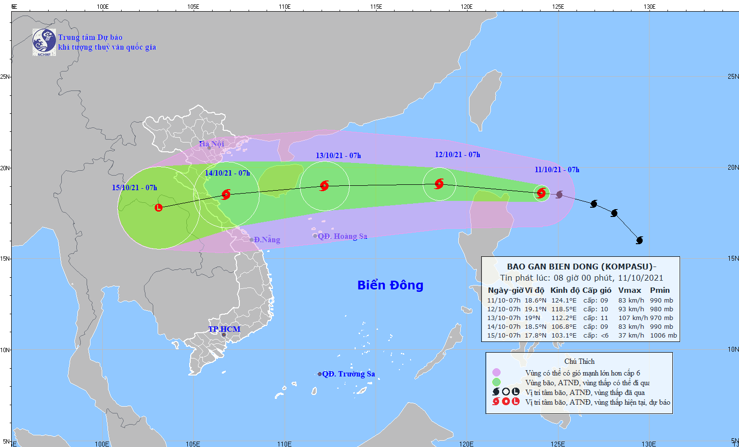 Hướng di chuyển của bão Kompasu. Ảnh: nchmf.gov.vn