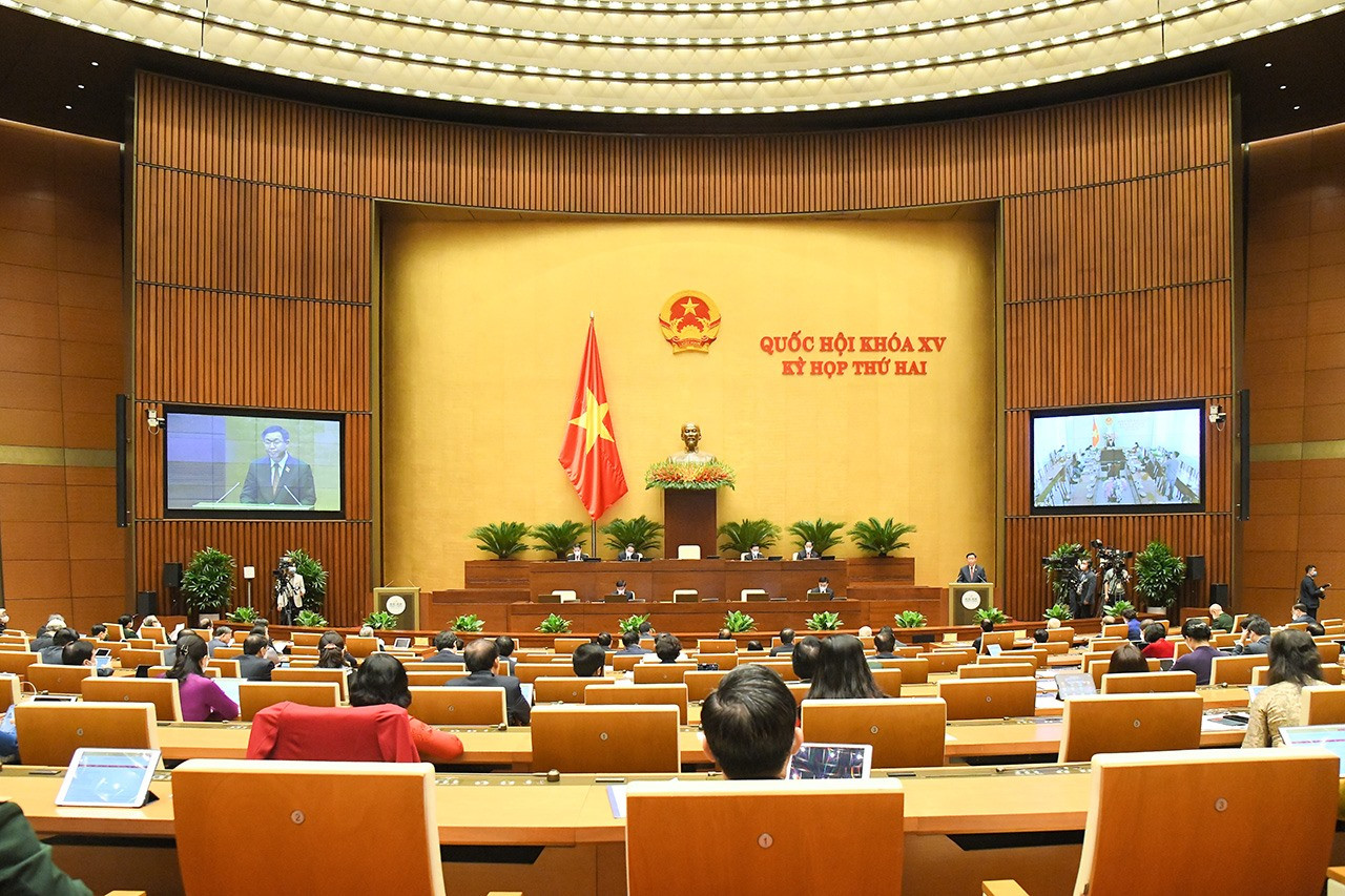 Các đại biểu Quốc hội dự phiên khai mạc từ điểm cầu hội trường Diên Hồng, Nhà Quốc hội