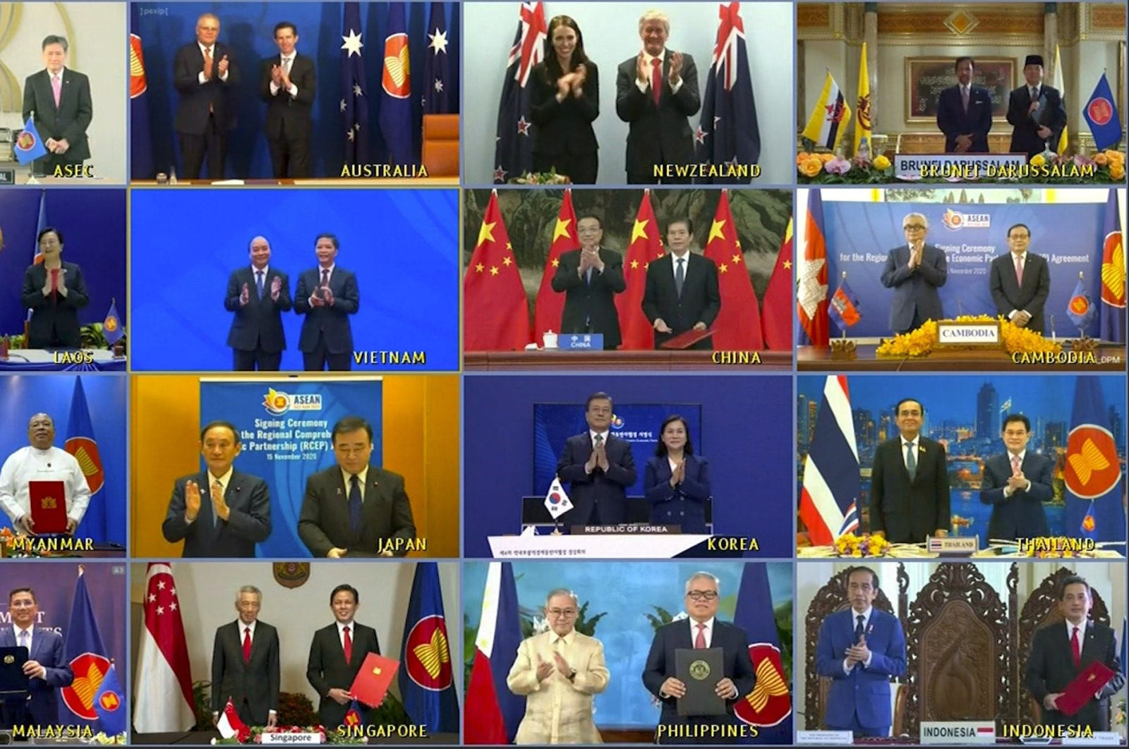 Các nhà lãnh đạo và bộ trưởng thương mại của 15 quốc gia Đối tác Kinh tế Toàn diện Khu vực (RCEP) chụp ảnh nhóm ảo, ngày 15 tháng 11 năm 2020. (Ảnh AP)