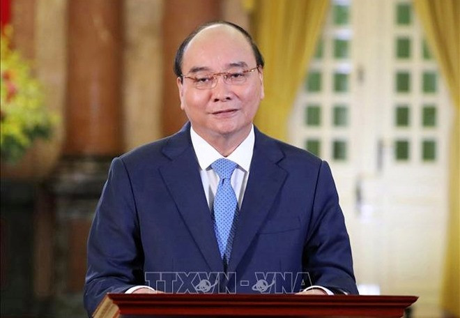 Chủ tịch nước Nguyễn Xuân Phúc phát biểu tại Hội nghị Thượng đỉnh Doanh nghiệp APEC 2021. (Ảnh: Thống Nhất/TTXVN)