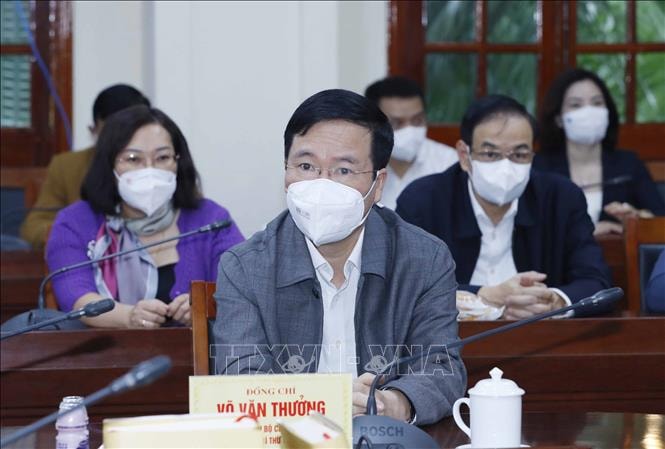 Đồng chí Võ Văn Thưởng, Uỷ viên Bộ Chính trị, Thường trực Ban Bí thư dự Lễ ra mắt sách. Ảnh: Phương Hoa/TTXVN